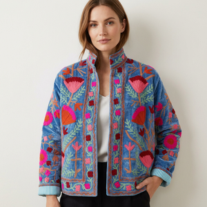 Chaqueta de terciopelo bordada para mujer, con estampado floral, cuello mandarín, manga larga, ropa de abrigo para otoño - Product Image 1
