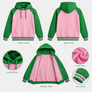 Sorority <b>Pink</b> Green Raglan Sleeve Hooded Fleece <b>Sweatshirt</b> Color Blocking Casual Regular Fit Autumn Wear - Product Image 6