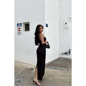 Robe de soirée formelle noire Elroy, longueur ras du sol, coupe droite, ornée de perles, de fleurs et de plumes, tailles XS à XL, pour demoiselles d'honneur et mariée - Product Image 1