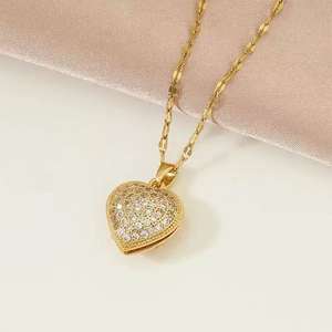 Damen Edelstahl Ketten Halskette Herz Kupfer Anhänger vergoldet Trendy Link Chain Zirkon Modische Perle - Product Image 2