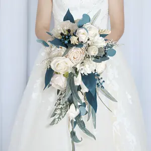 Популярный павлин синий Цветочный декор, романтический искусственный шелк, белая роза, свадебный букет