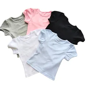 Custom 100% cotton girls blank t shirts kids baby girl clothes summer top tees toddler tshirts puff sleeves white t shirts