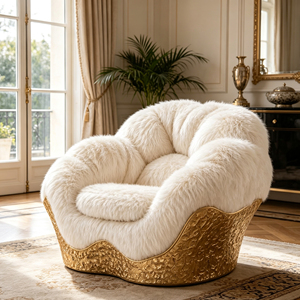 <span class=keywords><strong>Fauteuil</strong></span> lounge individuel de luxe en <span class=keywords><strong>fourrure</strong></span> <span class=keywords><strong>blanche</strong></span> moelleuse, base en fibre de verre texturée dorée, <span class=keywords><strong>fauteuil</strong></span> d'appoint en forme de nuage pour salon - Product Image 4