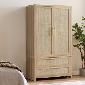 <span class=keywords><strong>Armoire</strong></span> en rotin, penderie, placard, éco-responsable, gain de place, autoportante, 2 tiroirs, tringle de suspension, minimaliste, grande capacité - Product Image 1