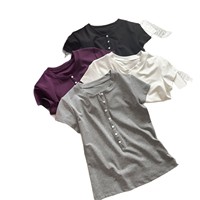 Kaos Wanita O-Neck Lengan Pendek Lucu Polos Lembut Slim-fit Gaya Amerika Retro Manis Kancing 100% Katun Musim Semi