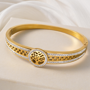 En Acier Inoxydable Interlocking Plant Design Spring-Clasp Trendy Sturdy 18K Gold Plated Zircon Decorative <b>Couple</b> Bangle - Product Image 3