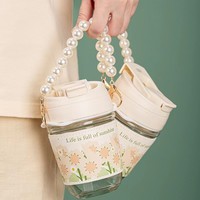 Gobelet en verre double usage style Instagram, motif tournesol, avec paille et chaîne de perles – Design minimaliste et écologique pour la maison/le bureau