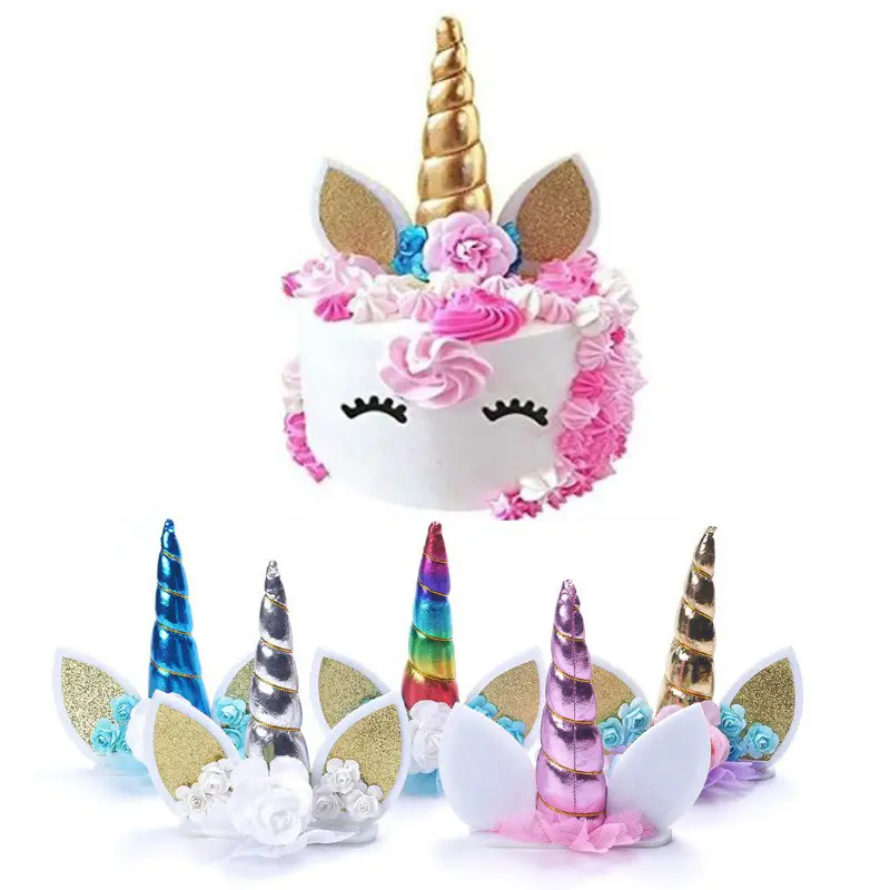 Amazon hot sales cloth colorful unicorn cake topper decoration with eyelashes Eco-friendly Birthday party accessory gateau