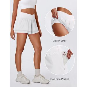 Shorts de course athlétiques pour femmes FOXA, taille haute, croisés, avec poche, 3 pouces, blanc uni, pour l'entraînement - Product Image 4
