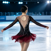 Robe de patinage artistique à manches longues en maille dégradée noir et rouge bordeaux, ornée de strass argentés et de plumes, dos ouvert, pour concours de danse sur glace