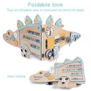 Jouets Montessori Dinosaure Tableau d'activités mural <span class=keywords><strong>Jeu</strong></span> de société Jouet en bois éducatif multifonctionnel pour bébés Développement cognitif - Product Image 4