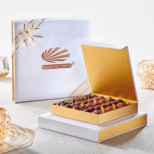 Kotak tanggal kustom Dubai Kemasan coklat dengan kotak lipat pita dengan pembagi sisipan kertas untuk permen dan kacang