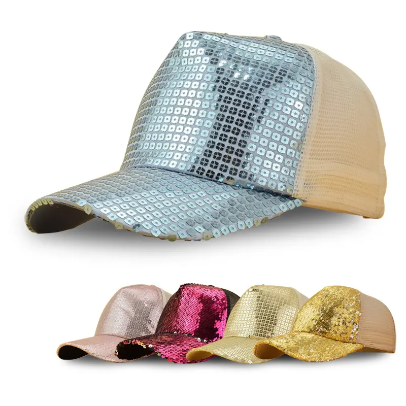 Verano mujer Reversible lentejuelas brillo baile fiesta béisbol sombreros moda brillante lentejuelas agujero malla parche patrón camionero gorras