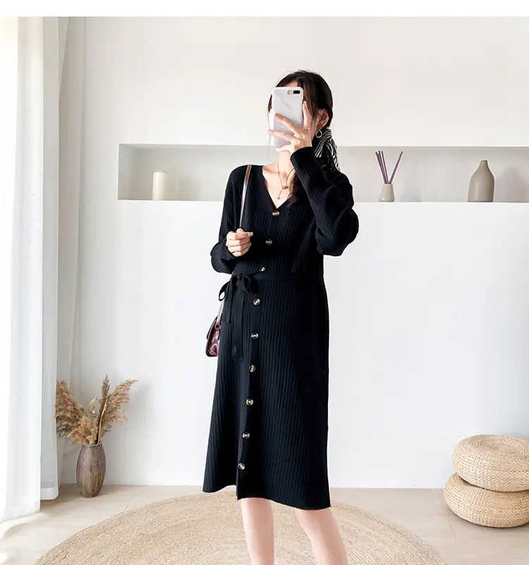 Autumn And Winter V-neck Lazy Knit Bottoming Sweater Dress Maternity Clothes Ladies Outdoor Maternity Clothes Dresses