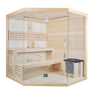Sauna d'angle traditionnel à vapeur humide en bois massif Helius HL-1101B, fenêtres de transom, panneau de commande informatique, capacité de 4 à 6 personnes - Product Image 1