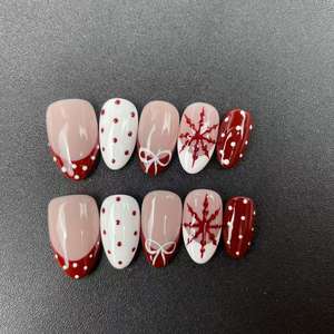 <span class=keywords><strong>Uñas</strong></span> Postizas de Alta Calidad Hechas a Mano, Forma Almendrada, Diseño Navideño con Lunares, Estilo Francés, Reutilizables, Venta al por Mayor de Fábrica - Product Image 4
