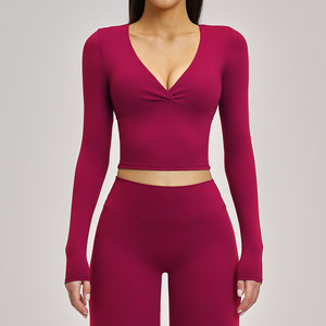 Nouveau <span class=keywords><strong>T</strong></span>-<span class=keywords><strong>shirt</strong></span> de yoga et de Pilates polyvalent pour <span class=keywords><strong>femme</strong></span>, à manches longues, col en V croisé, léger, respirant et ajusté, idéal printemps/é<span class=keywords><strong>t</strong></span>é pour la gym - Product Image 5