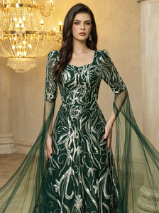 <span class=keywords><strong>Vestido</strong></span> de Noche de Lujo para Mujer, Estilo Vintage, Color <span class=keywords><strong>Verde</strong></span> <span class=keywords><strong>Esmeralda</strong></span>, Corte en A, con Mangas Transparentes y Escote Corazón, Adornado con Lentejuelas Bordadas - Product Image 5
