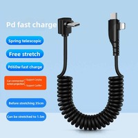 Câble de charge de voiture 2-en-1 CarPlay CarLife PD 60W à charge rapide, rétractable à ressort, double connecteurs Type-C coudés, en matériau TPE/TPU