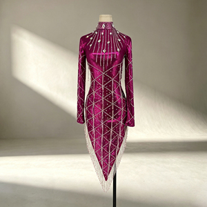 Vestido de Baile Latino Personalizado con Flecos de Pedrería, Manga Larga, Traje de Baile de Salón, Vestido de Fiesta Asimétrico para Mujer - Product Image 1