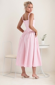 Abito personalizzato donna elegante Mahroon collo quadrato retrò stile Casual a scacchi estivi per la <span class=keywords><strong>sera</strong></span> di San Valentino - Product Image 5