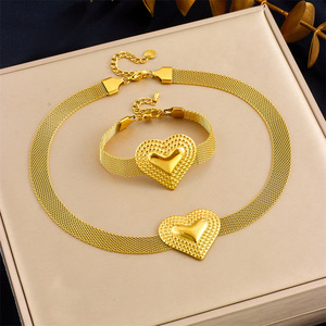 Women's Stainless Steel Gold Plated Heart Mesh Necklace <b>Bracelet</b> <b>Set</b> Fashion Jewelry Gift - Product Image 3