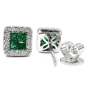 Luxurious 18K <b>White</b> Gold Emerald Stud Earrings Classic Wedding Square Quad Cluster Claw Setting Diamond Halo Self-Reward Luxury - Product Image 2