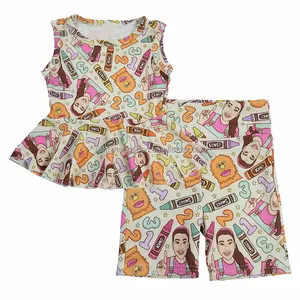 Rachel ชุดเสื้อผ้าฤดูร้อนสำหรับเด็กผู้หญิง,กางเกงขาสั้นลาย Peplum และ Biker เสื้อผ้าถักซี่โครงสำหรับเด็กวัยหัดเดิน123