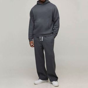 Dark Charcoal <b>White</b> Drawstring <b>Hoodie</b> Sweatpants Plain Custom Men Two Piece Tracksuit - Product Image 1