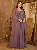 Robe de soirée maxi élégante pour femmes grandes tailles, col cœur, manches cape, sequins, patchwork, mousseline de soie, coupe ajustée, avec long châle