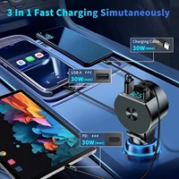 Chargeur de voiture rétractable amélioré 3 en 1 69W à charge rapide PD30W+2.4A avec affichage de la tension et câbles doubles pour iPhone et Android