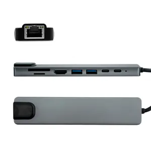 8-in-1 USB 3.0 Hub Docking Station dengan USB tipe-c ke HD RJ45 Gigabit Ethernet Adapter Card Reader PD dan USB Hub Fitur