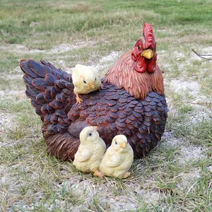 Fattoria degli animali scultura realistica resina brown hen con pollo, a grandezza naturale all'ingrosso di pollo resina figurine %