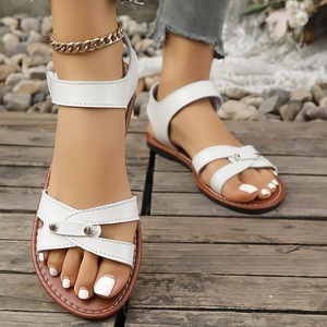 Women Cross <b>Strap</b> <b>Flat</b> Sandals Hook & Loop <b>Ankle</b> <b>Strap</b> Open Toe Rivet Decor Summer Casual Ladies <b>Shoes</b> - Product Image 2