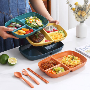 Plato Rectangular Dividido de Paja de Trigo, Antideslizante, para Servir Desayuno y Frutas, Color Sólido - Product Image 3