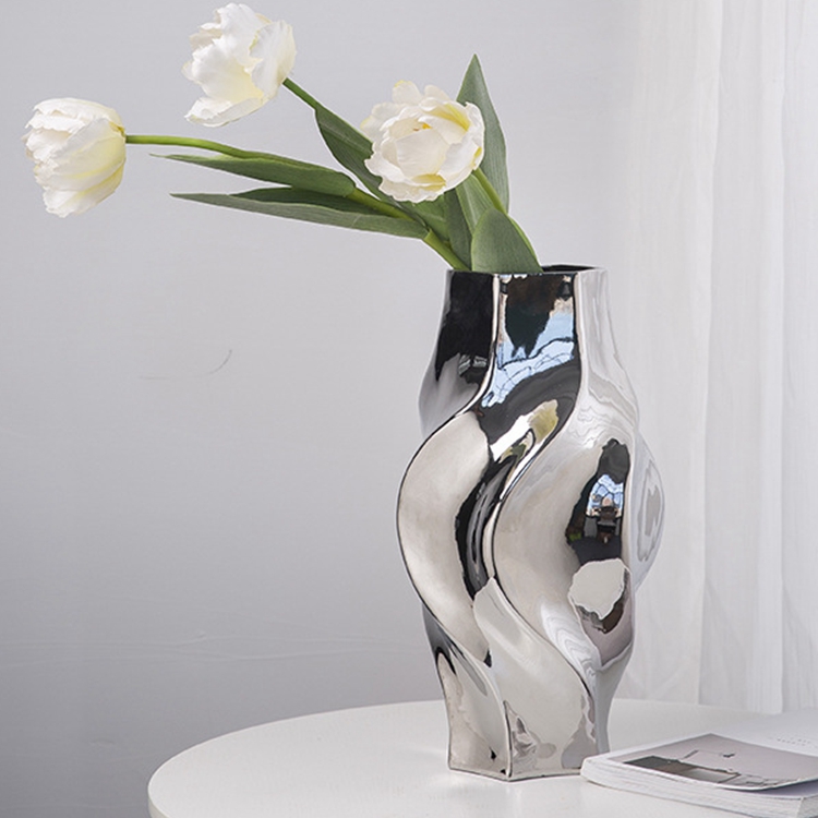 Modern and simple living room table flower decoration decoration silver plating ceramic vase