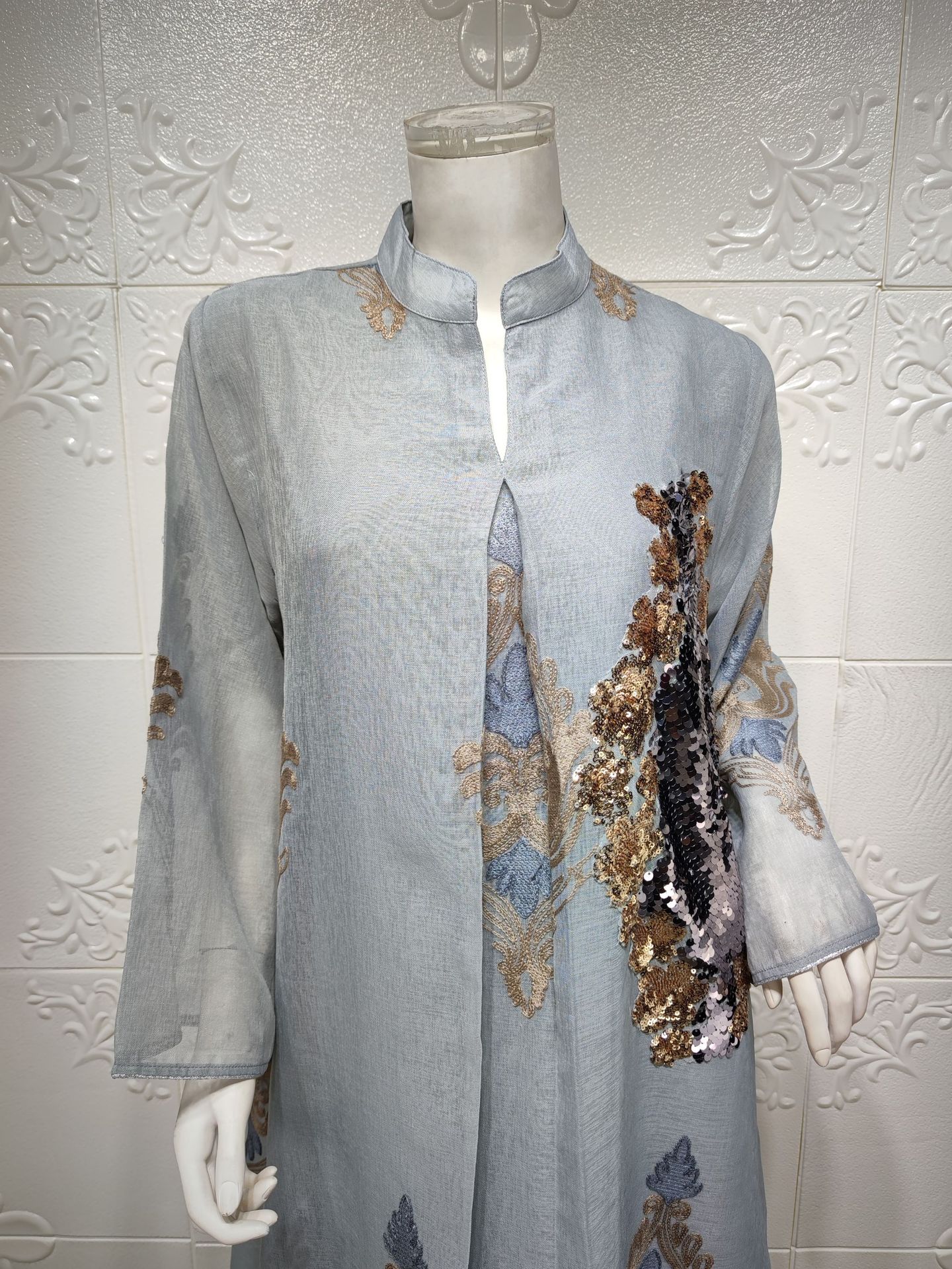 Women's Muslim Evening Dress Beaded Embroidered Mesh Women's Continued Long Sleeve Dress