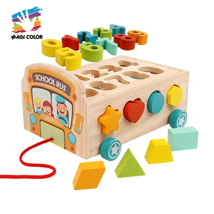 الجملة ألعاب تعليمية في وقت مبكر سحب ألعاب خشبية صديقة للبيئة مصغرة حافلة مدرسية & كتل خشبية لعبة W05C141