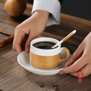 Bamboo Woven Ceramic Coffee Cup With Saucer Handmade Porcelain Beverage Cup For Afternoon Tea - Product Image 1