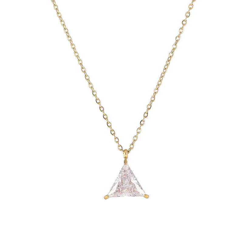 triangular Shape white Zircon Stainless Steel fine jewelry 14k Gold Plated White Zircon Dainty Pendant Necklace