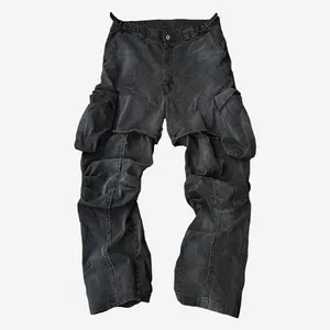 Wholesale Custom Distressed Print Embroidery Pure Cotton Multi Pocket Cargo Pants