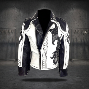 Veste Moto Homme Single Star Traders en Cuir Véritable Blanc et Noir à Motif Uni, Col Montant Respirant, Coupe Slim, Rembourrage en Coton - Product Image 1