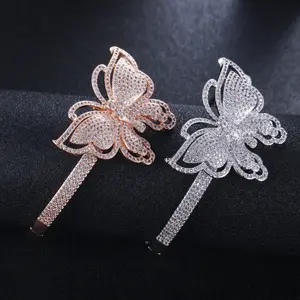 2024 Sang Trọng Hip Hop Đồng Trang Sức 18K Vàng Mạ Iced out Cubic Zirconia Micro Pave Kim Cương Bướm Bangle Vòng Đeo Tay Cho Phụ Nữ