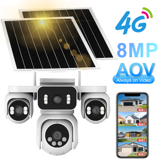 AOV Solar 4G Sim Card Four Lens Camera Humanoid Tracking Detection Smart AI Wireless Audio Outdoor CCTV IP PTZ 4Lens Camera