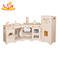 Set Dapur Mainan Anak 3-in-1 dari Kayu dengan Kulkas dan Stasiun Cuci, Mainan Dapur Pura-Pura Besar dengan Aksesoris W10K090