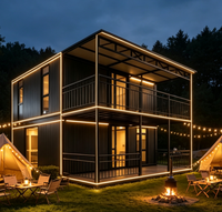 Maison conteneur à 2 étages avec éclairage LED extérieur, villa modulaire duplex, balcon, terrasse, cabane de luxe pour glamping, installation rapide