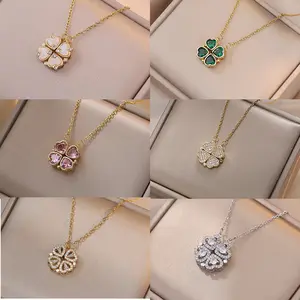 Minimalist 18K Gold Plated PVD Heart Pendant Choker Necklace Zircon 4 Leaf Clover Trendy Link Chain Women's Wedding Jewelry