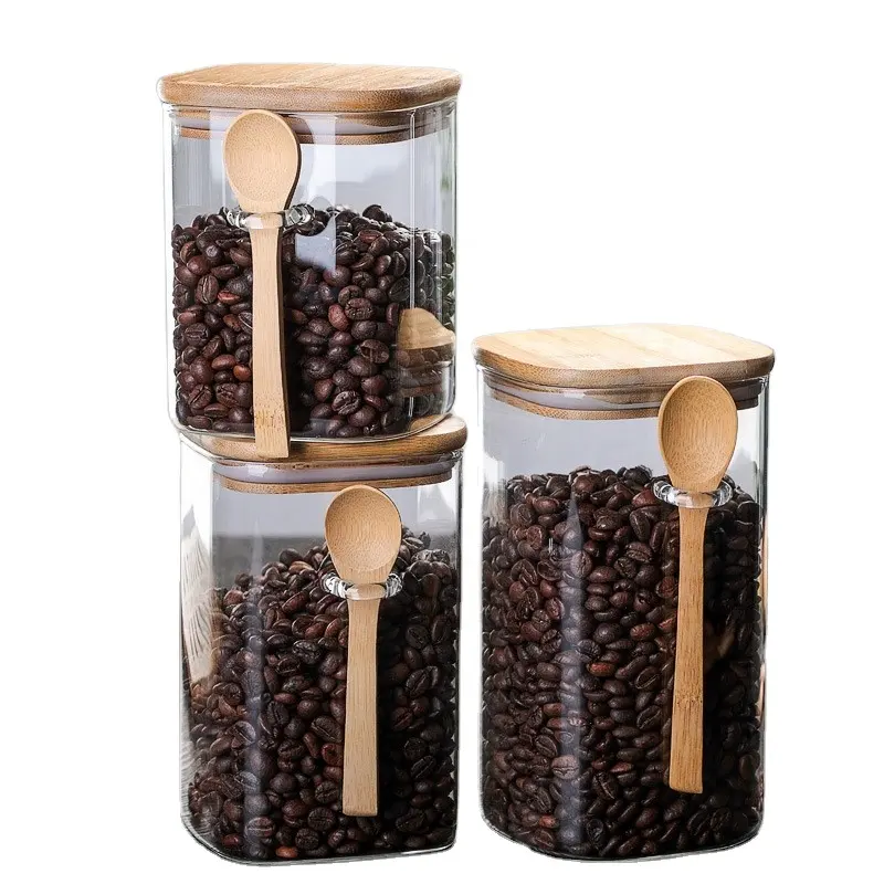 Tarro de almacenamiento de vidrio con tapa de bambú, recipiente hermético cuadrado personalizado de alta borosilicato, para cocina, café, granos, venta al por mayor