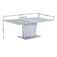 Table à manger contemporaine réglable en verre blanc, MDF et acier inoxydable, résistante à l'eau
