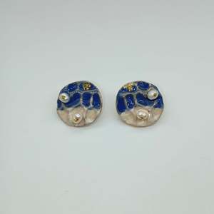 Fashion <b>Stud</b> <b>Earrings</b> 316L Stainless Steel PVD Gold Plating Sustainable Resistant <b>Blue</b> Enamel Pearl Accents - Product Image 1